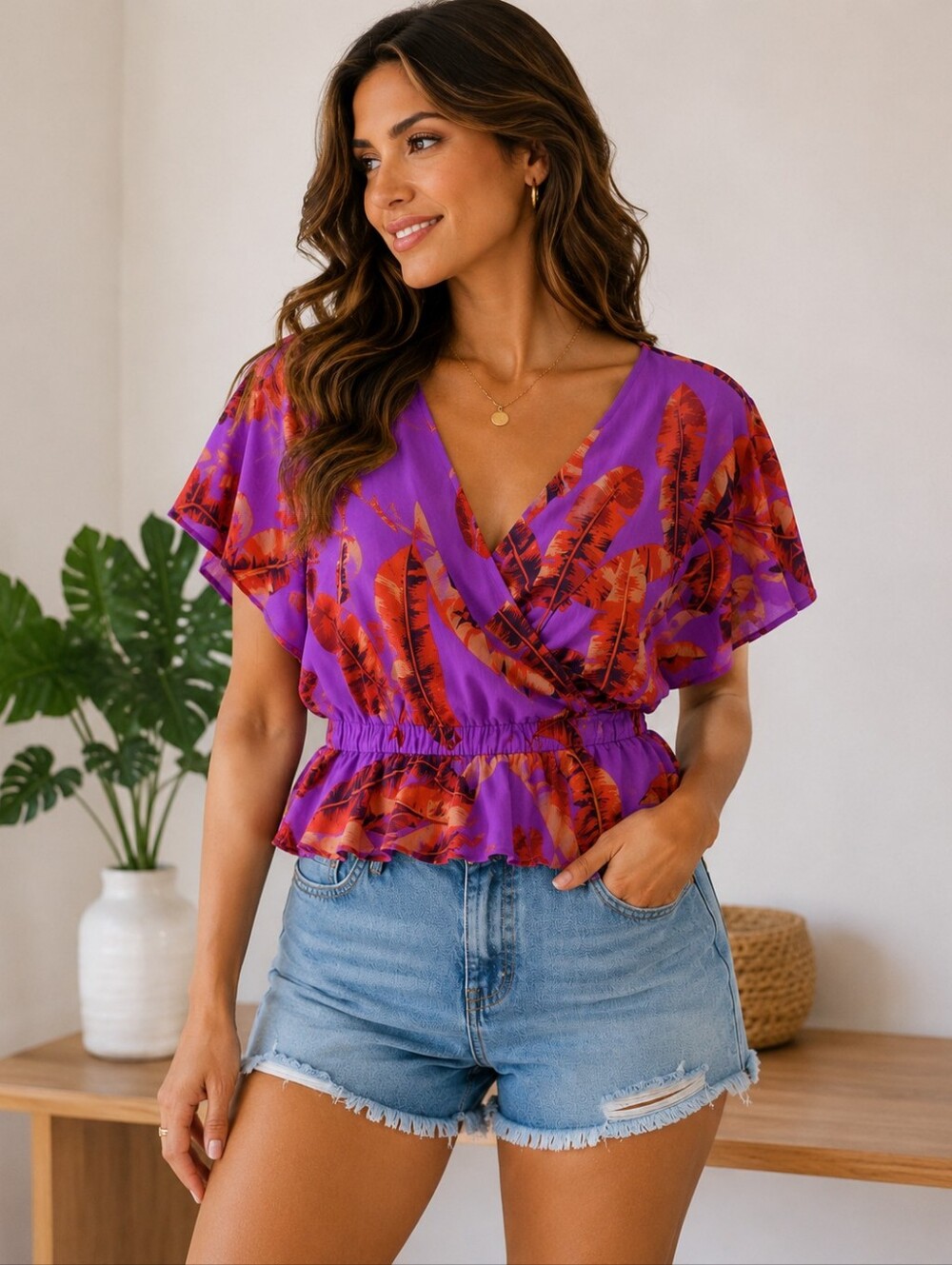 SOFIA by Vero Moda Purple Tropical Print Wrap Blouse